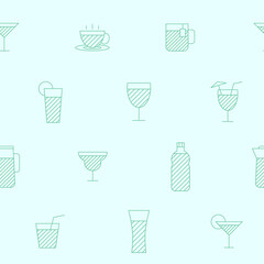 Soft drink - Vector background (seamless pattern) of water, soda, juice, cocktail, cup, can, mug, coffee, tea for graphic design