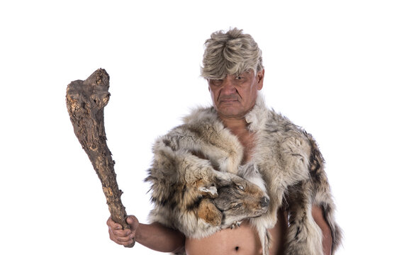 savage man with cudgel on white background