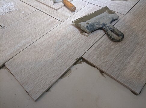 Bricklayer Placing A Porcelain Stoneware Floor