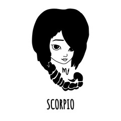 Zodiac signs Scorpio. Vector illustration of a girl with her hair braided and stylized as a Scorpion tail. Isolated on a white background. For stickers, postcards, t-shirt design, and Souvenirs.