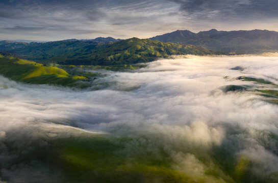 Scenic view of rolling hills covered with fog