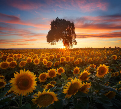 View of tree in sunflower field during sunset