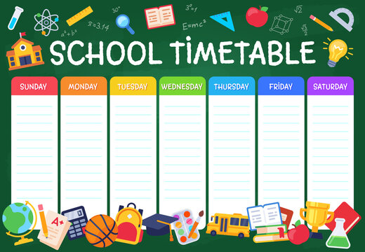 School timetable. Weekly planner schedule for students, pupils with days week and spaces for notes, school study organizer vector template. Illustration education planner, schedule and organizer