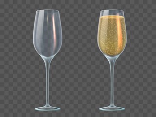 Champagne glass. Fill and empty transparent wineglasses with sparkling wine. Valentine day, christmas and wedding 3d realistic vector mockup. Illustration champagne glass liquid drink