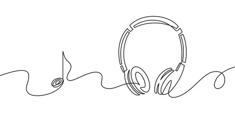 One line headphones. Continuous drawing of music gadget and note. Audio headphone outline sketch. Lineart vector concept of musical symbol. Illustration headphone drawing contour monoline