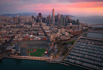 Aerial view of San Francisco cityscape during sunrise