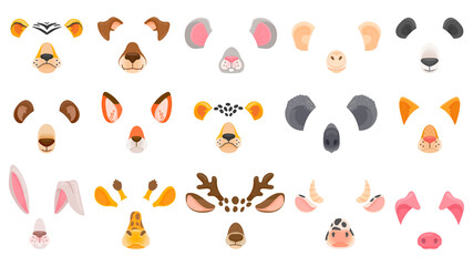 Animal face for video chat. Filter masks of animals. Fox, panda and koala, deer and bear, cheetah and tiger, dog and cat. Cartoon vector set animal mask, nose and ears illustration