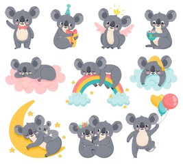 Cartoon birthday koalas. Lazy koala sleeping on cloud. Cute australian animals with balloons. Baby shower bear. Kids room decor vector set. Illustration baby lazy koala, bear on cloud with rainbow © Tartila