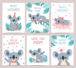 Koala posters cards. Prints with cute sleeping koalas. Australian baby bear hugs mother. Party invitation with jungle animal, vector set. Illustration card invitation party, lazy koala exotic animal © Tartila