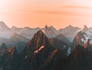 Sunrise over mountain peaks in North Cascades National Park