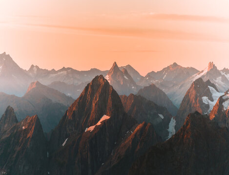 Sunrise over mountain peaks in North Cascades National Park