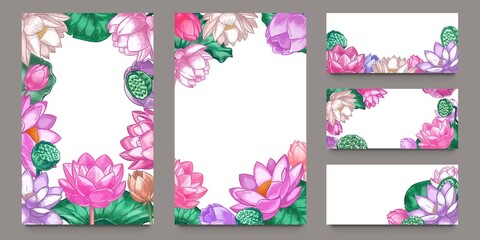 Lotus banners. Floral composition pink lotus flowers and green leaves with lettering romantic greeting cards, wedding invitation vector set. Illustration floral blossom banner, greeting wedding