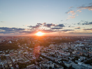 Aerial view of the big city at sunset