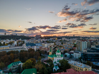 Aerial view of the big city at sunset