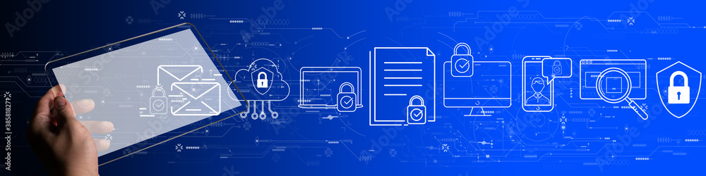 Poster Data protection with person hand using a digital tablet computer on blue background.