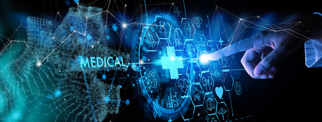 Heart health AR Check concept.Medicine doctor woman hand with working with icon medical treatment on virtual screen interface computer.