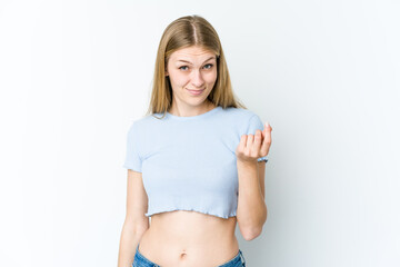 Young blonde woman isolated on white background showing that she has no money.