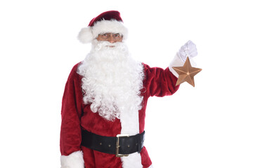 Senior man in traditional Santa Claus costume holding a gold star ornament in one hand. Isolated on white.
