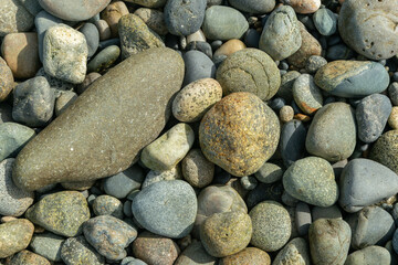 Seixos em praia no Estreito de Magalhães, Chile