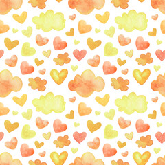 Watercolor pattern with autumn clouds and hearts in the color of the leaves. Seamless background fall elements