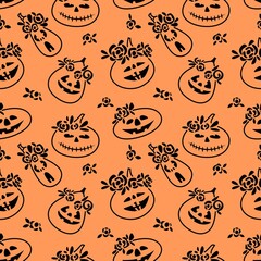Seasonal autumn doodle seamless pattern hand drawn pumpkin with wreath of flower isolated on orange background. Vector flat illustration. Design for textile, wallpaper, wrapping, packaging