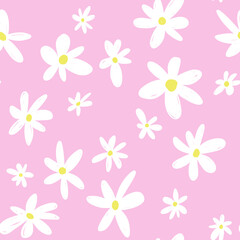 Seamless pattern with simple white flowers on pink background. Hand-drawn chamomile illustration print
