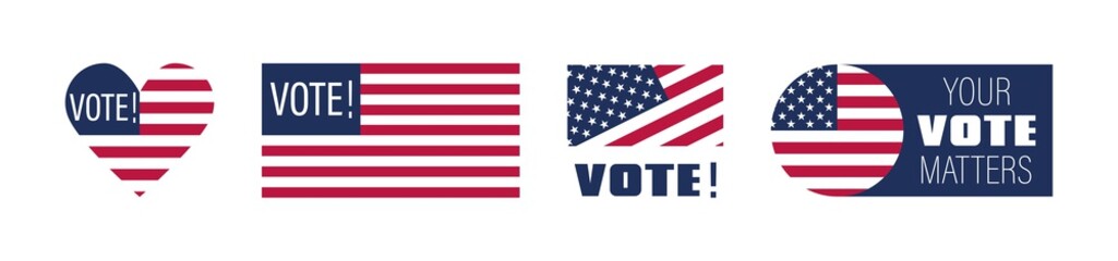 Vote. Vote USA. Set of Poster in different shape, text Vote. United State of America flag. Vector