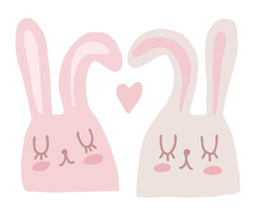 Cute Love Bunnies Vector Illustration.  Infantile Style Hand Drawn Pink and Beige Rabbits Isolated on a White Background. Lovely Valentine's Day Print ideal for Wall Art, Card, Decoration.