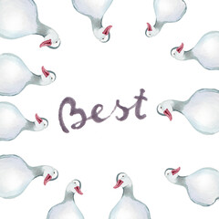 Obraz premium watercolor illustration live border of ducks,lettering,animals ,postcard
