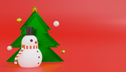 3d rendering snowman and green glass Christmas tree. Merry christmas and happy new year.
