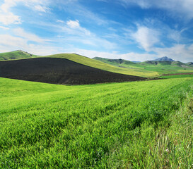 Hills Grass Land Below White Clouds And Blue Sky Of Sicily Countryside