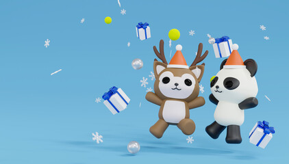 3d rendering  panda and reindeer jump and happy with four giftboxs and snowflake. Merry christmas and happy new year. © TogsDesign