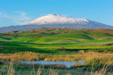 Hill Grass Land Landscape In Sicily On Background Etna Mount A Natural Landmark Of Unesco (view From The Southern Side) - obrazy, fototapety, plakaty