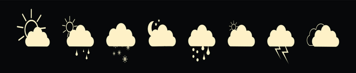 set of weather cartoon icon design template with various models. vector illustration isolated on black background