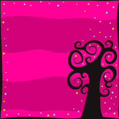 Day of the Dead. Dia de los Muertos. Magical black spiral tree on a bright pink background with lights. Template for holiday posters, flyers, party banners and cards. Fabulous Vector illustration