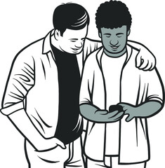 Two friends. The black guy and the white guy are smiling. They look at their smartphone. Interracial friendship. Flat vector illustration.