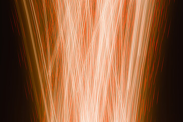 Yellow orange light effects, straight and curved lines on dark backdrop. Abstraction neon light lines background