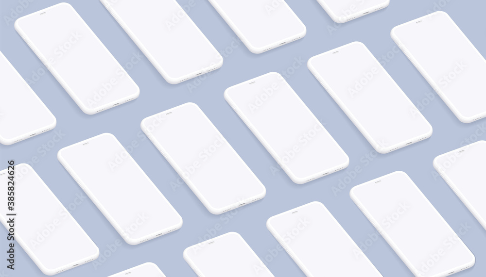 Poster isometric smartphone mockup for presentation your application screens. clay 3d mobile device set gri
