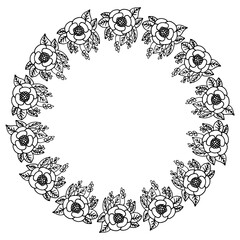 Black and white isolated flower frame with leaves and twigs and space for text. Vector image. Stock illustration. For packaging design, website, tableware.