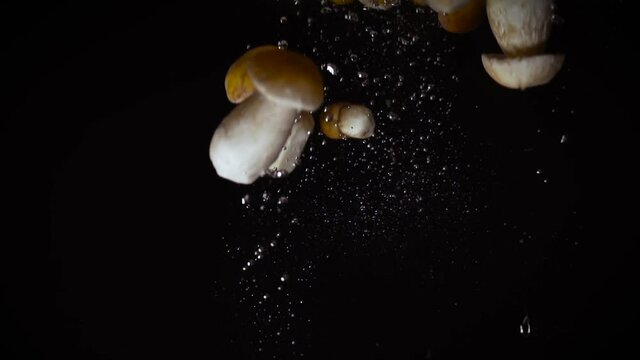 On a black background eight white mushrooms of different sizes, large and small, with a white stalk and a yellow cap fall together into the water, rise up to form water bubbles and float at the top.