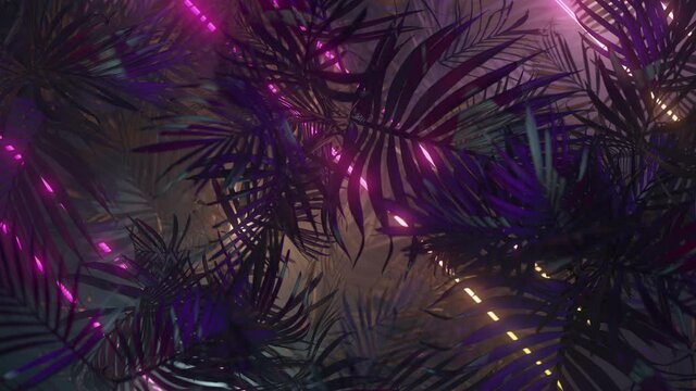 Neon Lights with jungle leaves in silhouette