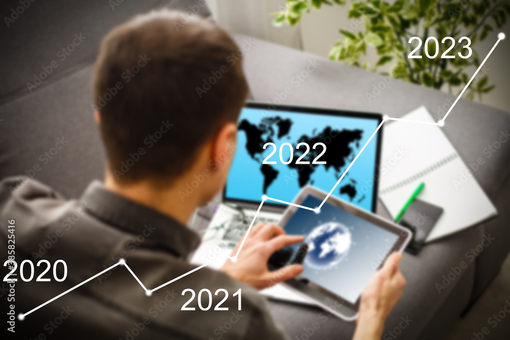 Poster man's hand pointing graph of success in 2022 year. growing business concept