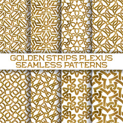 Set of gold plexus stripes seamless patterns tiles. Golden aquarelle repeatable backgrounds of intertwined bands.