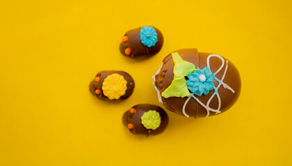 Chocolate skull on a yellow background, Mexican sweets of the day of the dead