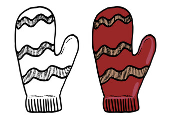 Doodles of knitted mitten. Hand drawn vector illustration. Cartoon vintage sketch of winter clothes. Set of black contour and color elements isolated on white. For design, decor, print, card, sticker.