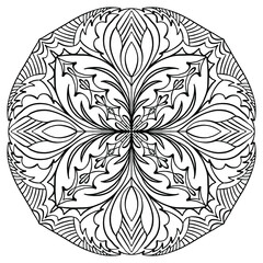mandala with folk style flowers and ornaments drawn on a white background for coloring, vector, coloring book pages