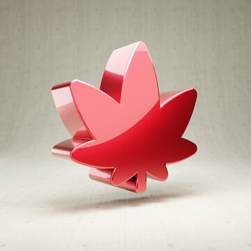 Cannabis icon. Red glossy metallic Cannabis symbol isolated on white concrete background.