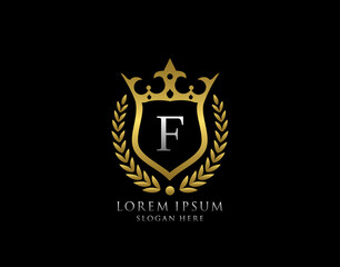Luxury Monogram F Letter Logo. Classic Gold King Crown badge design for Royalty, Letter Stamp, Boutique,  Hotel, Heraldic, Jewelry, Wedding.