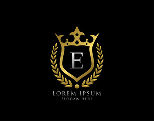 Luxury Monogram E Letter Logo. Classic Gold King Crown badge design for Royalty, Letter Stamp, Boutique,  Hotel, Heraldic, Jewelry, Wedding.