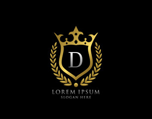 Luxury Monogram D Letter Logo. Classic Gold King Crown badge design for Royalty, Letter Stamp, Boutique,  Hotel, Heraldic, Jewelry, Wedding.
